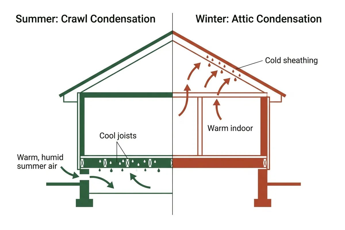 Diagram: summer crawl space condensation and winter attic condensation in a Piedmont home