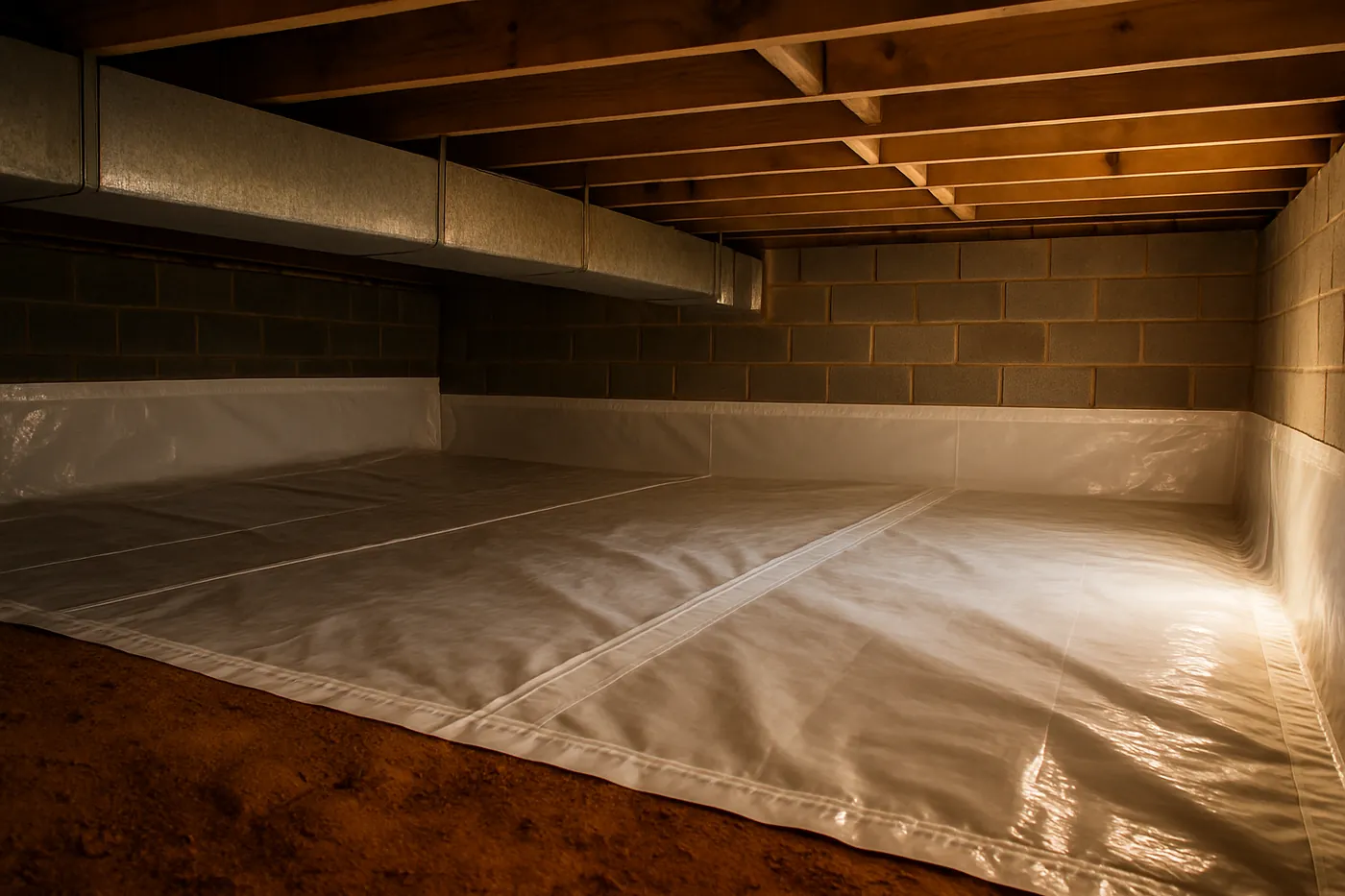 Vapor barrier installed across red clay soil in a Piedmont crawl space